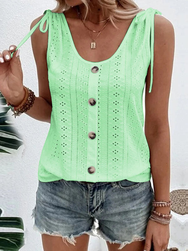 Loose Plus Size Buttoned Hollow Pleated Split-Joint Tied U-neck Vest Top