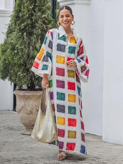 Flared Sleeves Long Sleeves Contrast Color Printed Split-Back Split-Joint Lapel Maxi Dresses