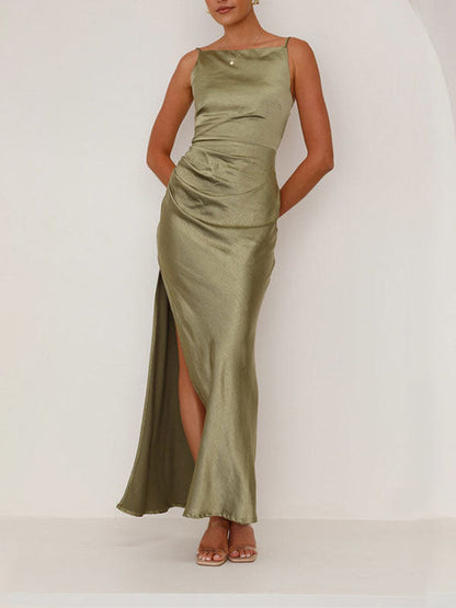 Sleeveless Pleated Solid Color Split-Joint Split-Side Spaghetti-Neck Midi Dresses