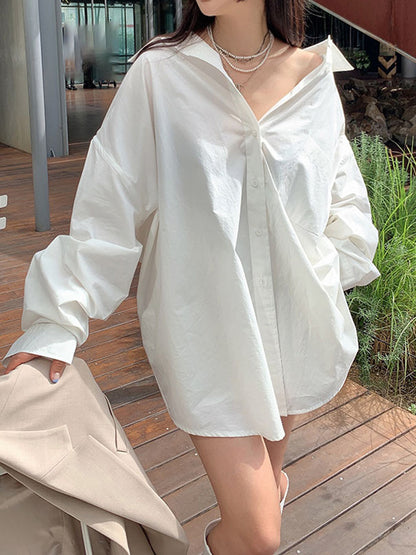 Long Sleeves Loose Buttoned Pockets Solid Color Lapel Blouses&Shirts Tops