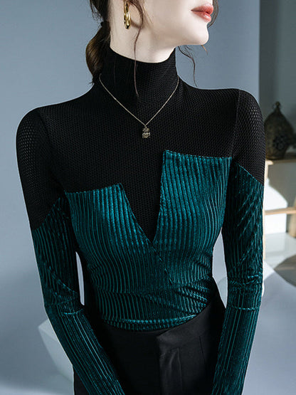 Long Sleeves Skinny Contrast Color Split-Joint High Neck T-Shirts Tops
