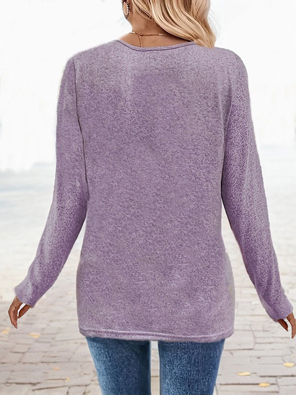 Long Sleeves Loose Buttoned Solid Color Split-Joint Square-Neck T-Shirts Tops