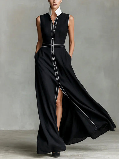 A-Line High Waisted Buttoned Contrast Color Pockets Split-Joint Lapel Maxi Dresses
