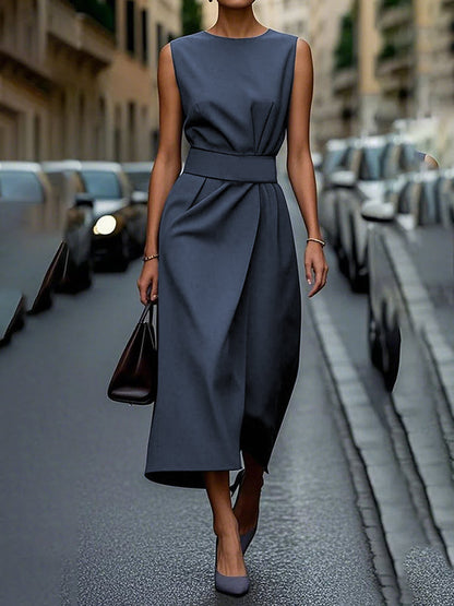 High Waisted Loose Pleated Solid Color Round-Neck Midi Dresses