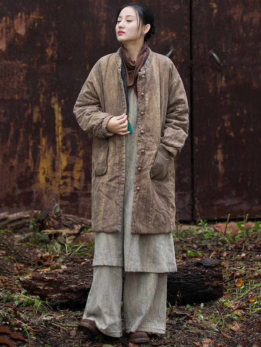 Women Winter Ethnic Solid Ramie Padded Long Coat