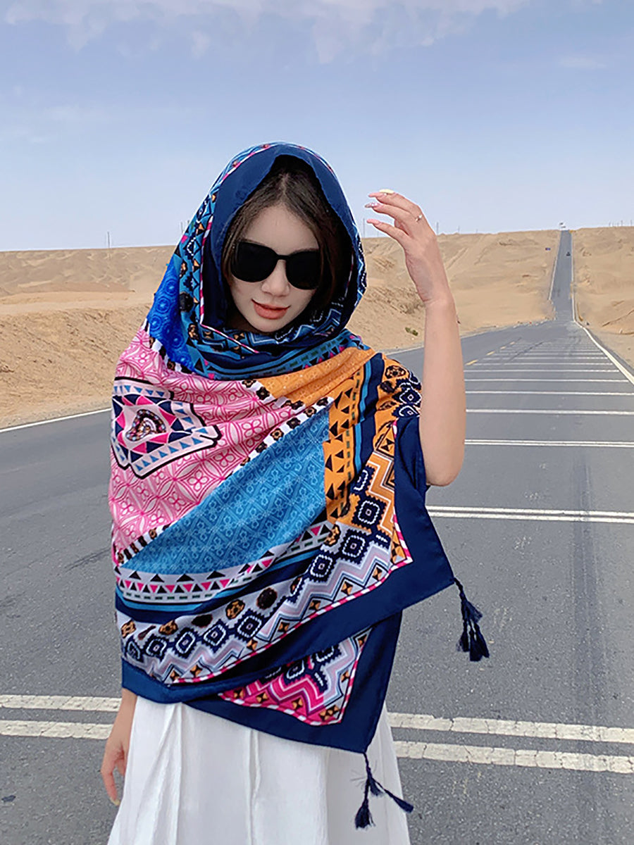 Women Ethnic Print Tassel Shawl Scarf