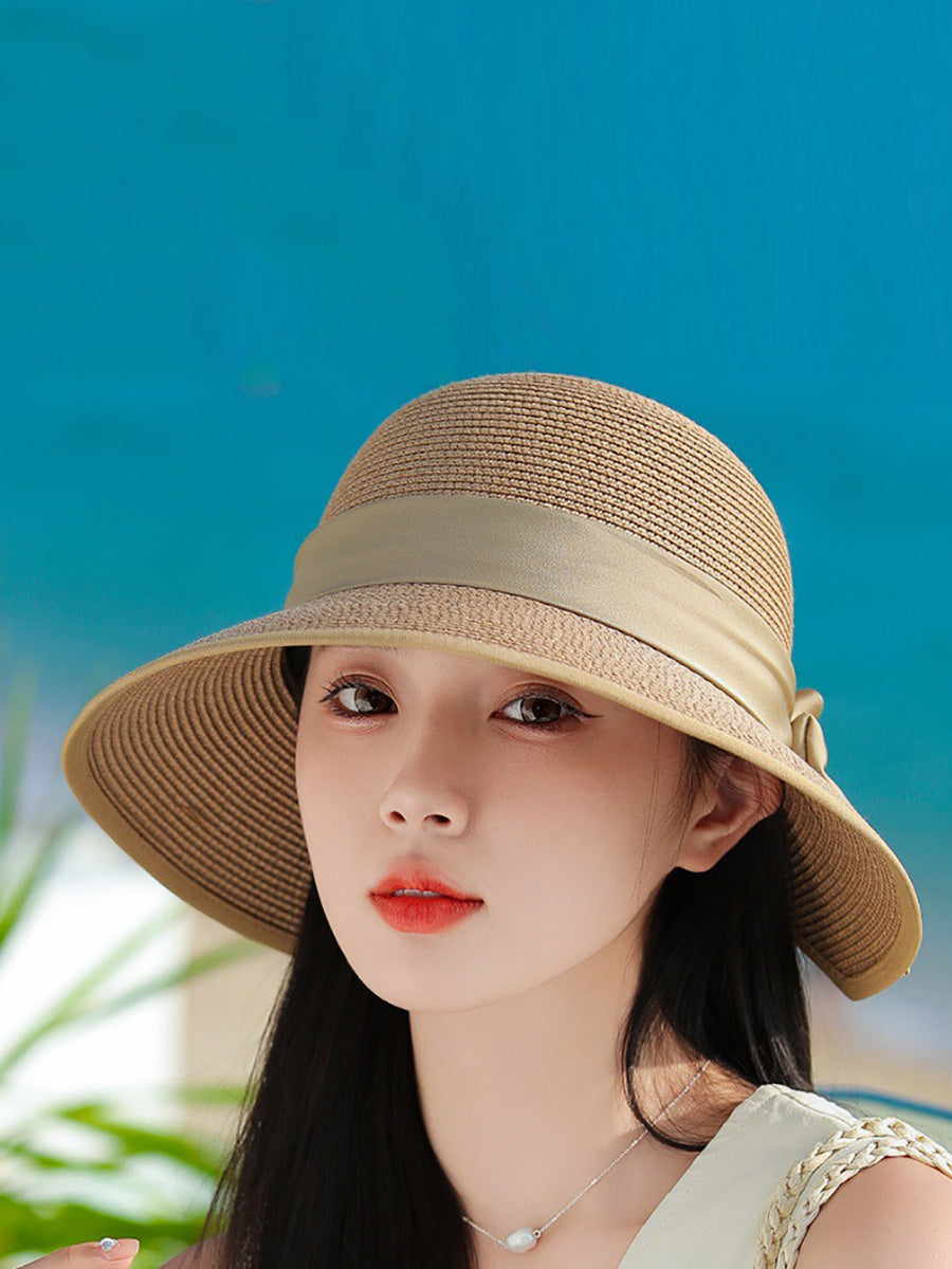 Women Straw Weave Stain Bowknot Sunproof Hat