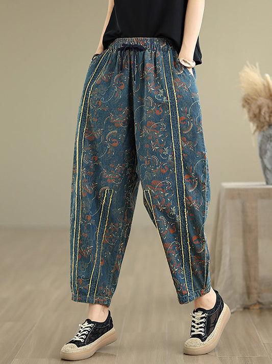Women Retro Flower Patchwork Denim Harem Pants