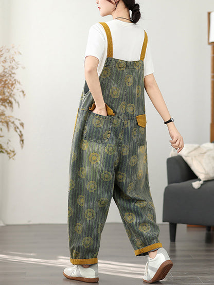 Women Summer Fashion Flower Stripe Denim Jumpsuits