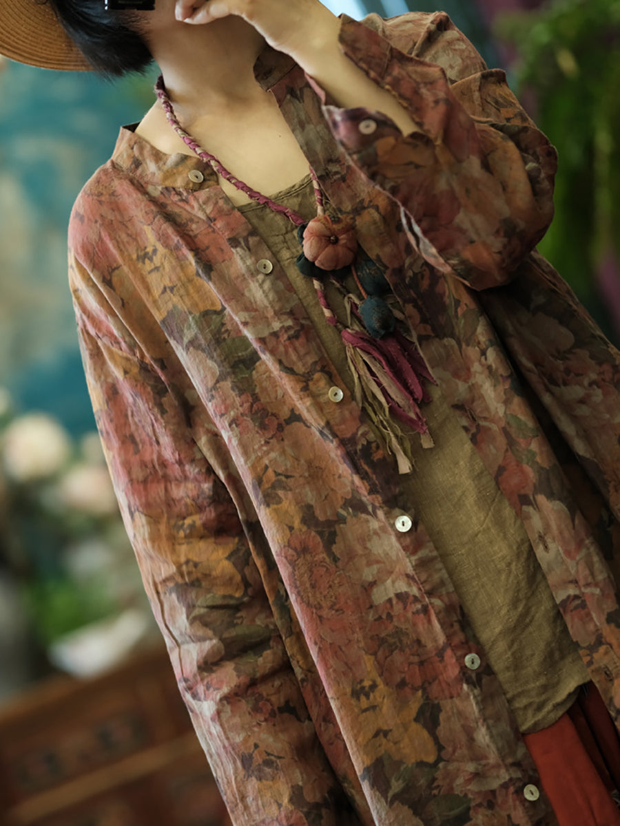 Women Vintage Floral Retro Ramie Button-up Long Shirt