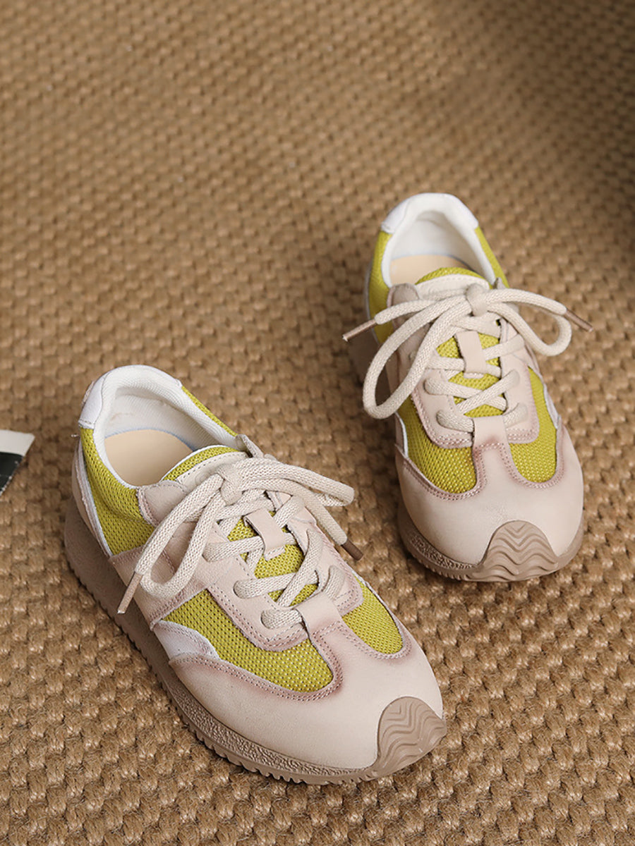 Women Casual Colorblock Leather Flat Sport Shoes