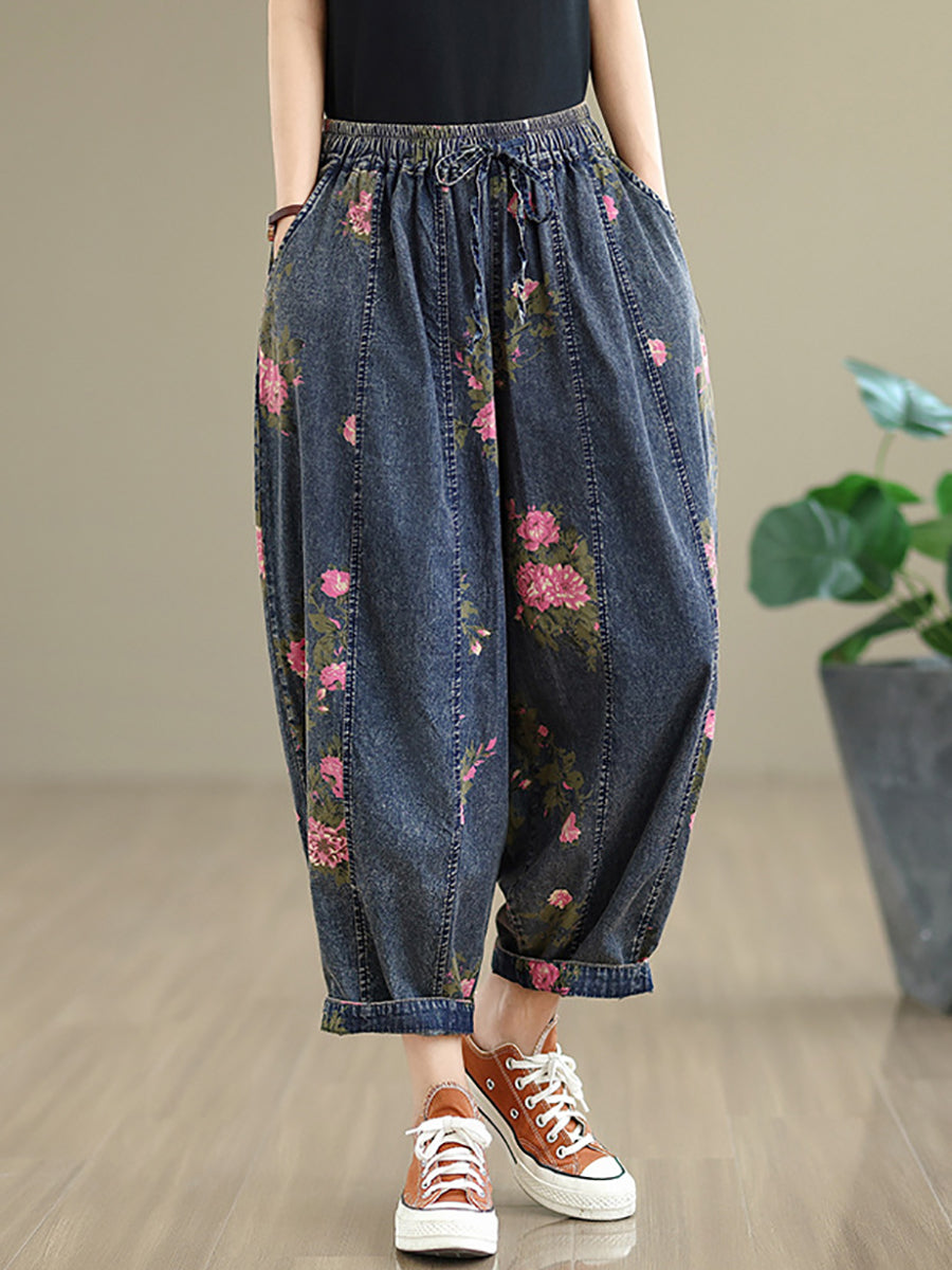 Women Casual Summer Flower Denim Harem Pants