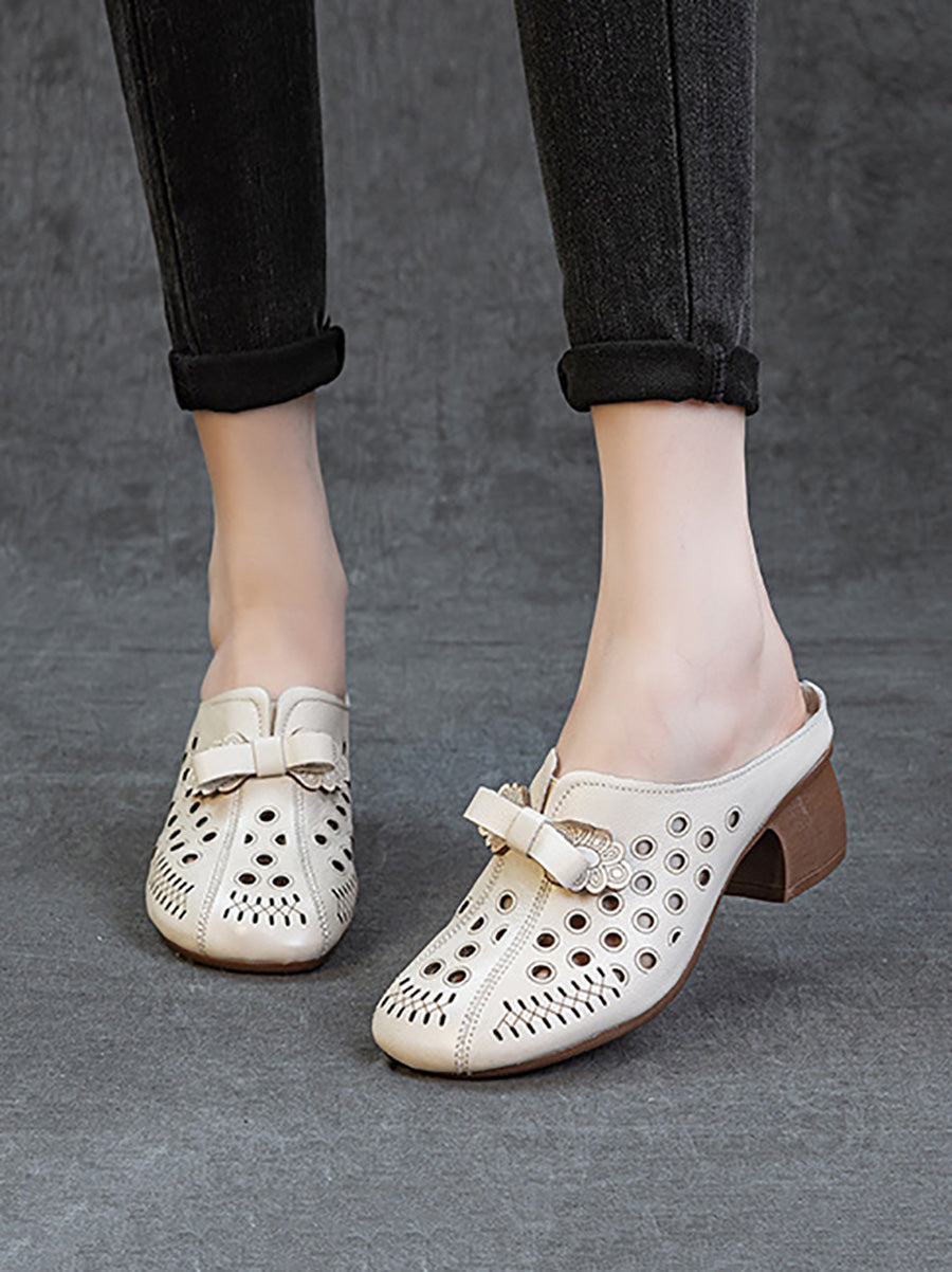 Women Summer Genuine Leather Hollow Out Mid Heel Slippers