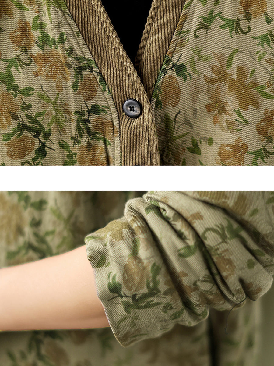 Plus Size Women Retro Floral Spliced V-Neck Padded Jacket