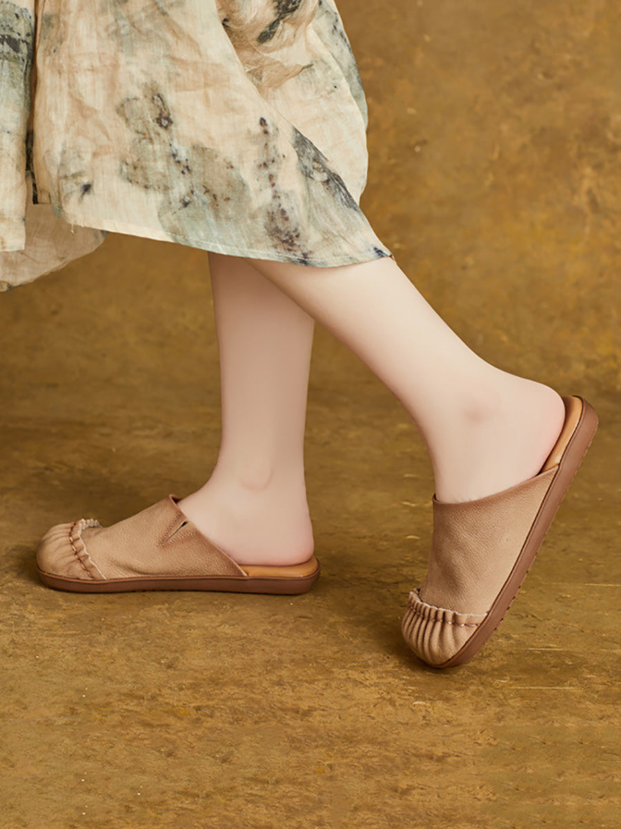 Women Casual Summer Pleated Genuine Leather Slippers