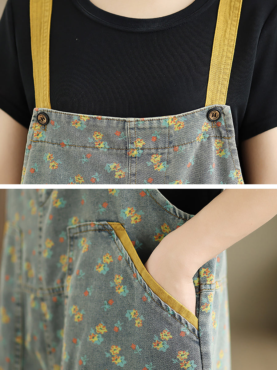 Women Summer Casual Floral Denim Wide-leg Jumpsuits