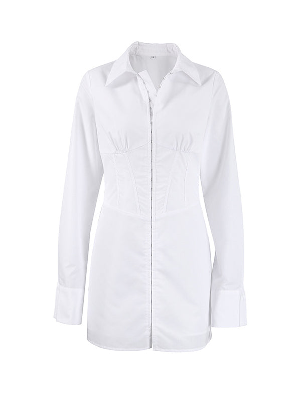 High Waisted Long Sleeves Buckle Solid Color Split-Front Lapel Mini Dresses