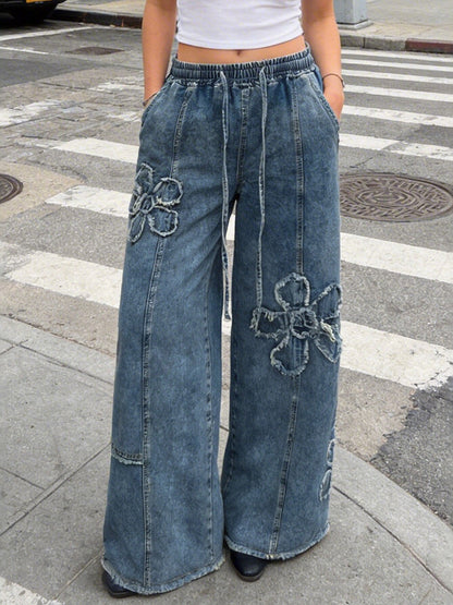 High Waisted Loose Drawstring Elasticity Flower Shape Fringed Solid Color Jean Pants Bottoms