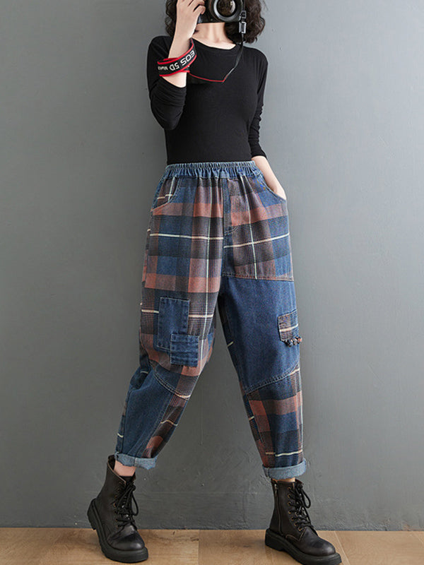 Original Artistic Retro Plaid Jean Pants