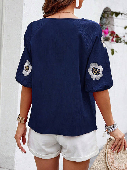 Half Sleeves Loose Contrast Color Embroidered Tied V-Neck Blouses&Shirts Tops