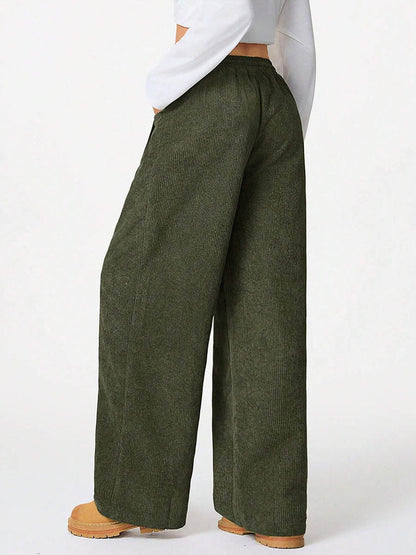 High Waisted Wide Leg Drawstring Elasticity Pockets Solid Color Pants Trousers