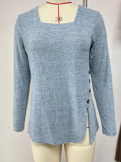 Long Sleeves Loose Asymmetric Buttoned Solid Color Split-Side Square-Neck T-Shirts Tops