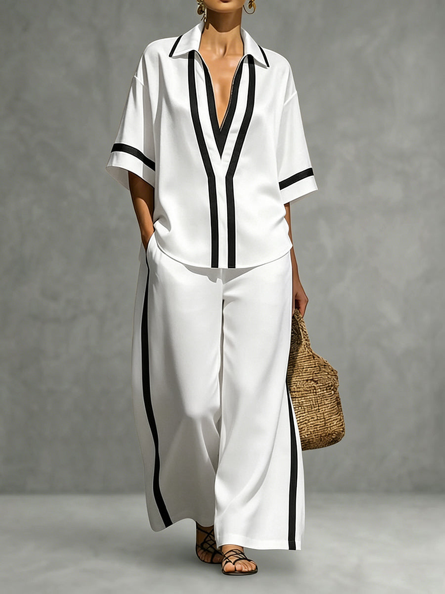 High Waisted Wide Leg Contrast Color Pockets Pants Trousers