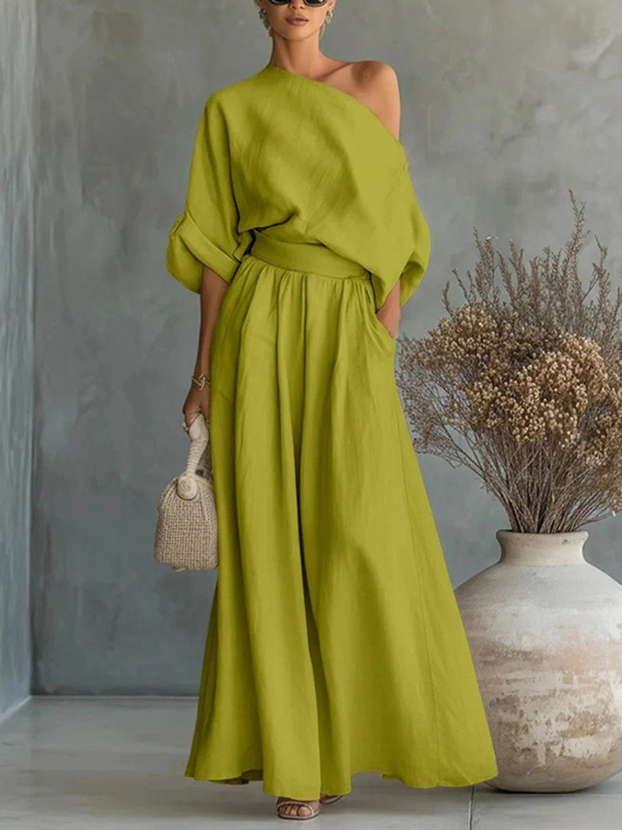 Loose Solid Color One-Shoulder Blouses&Shirts Tops + High Waisted Pleated Pockets Pants Trousers Two Pieces Set