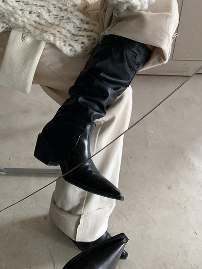 Chunky Shoes Pleated Pointed-Toe Solid Color Boots