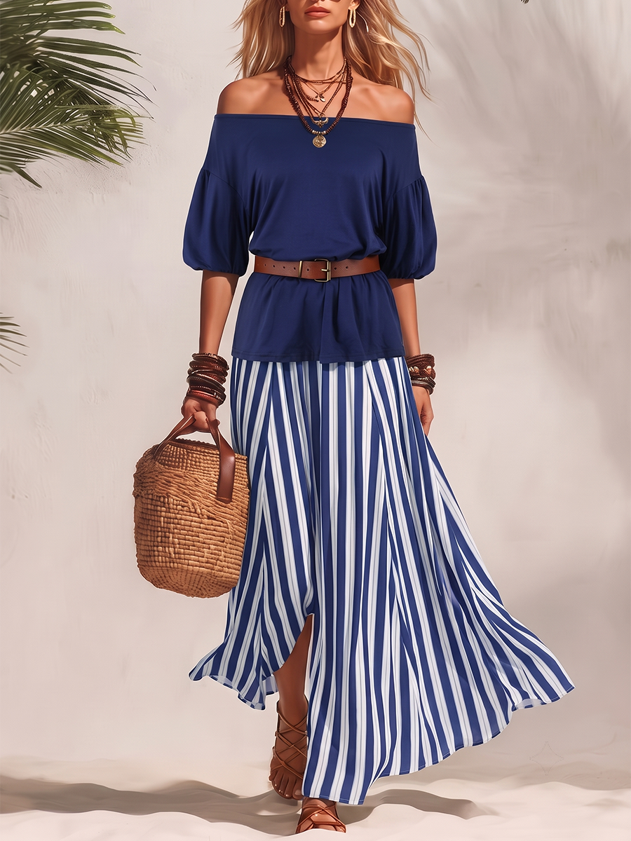 Half Sleeves Solid Color Off-The-Shoulder T-Shirts Tops + Belted Contrast Color A-Line Striped Skirts Bottoms Two Pieces Set