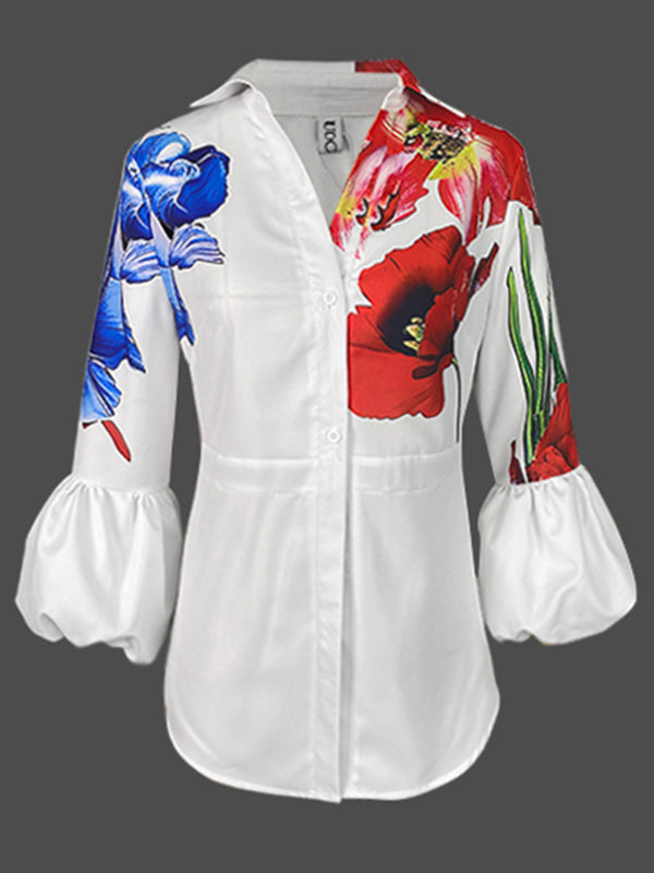 Loose Puff Sleeves Buttoned Flower Print Split-Joint Lapel Blouses&Shirts Tops
