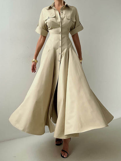 Short Sleeves Buttoned Solid Color Lapel Maxi Dresses Shirt Dress