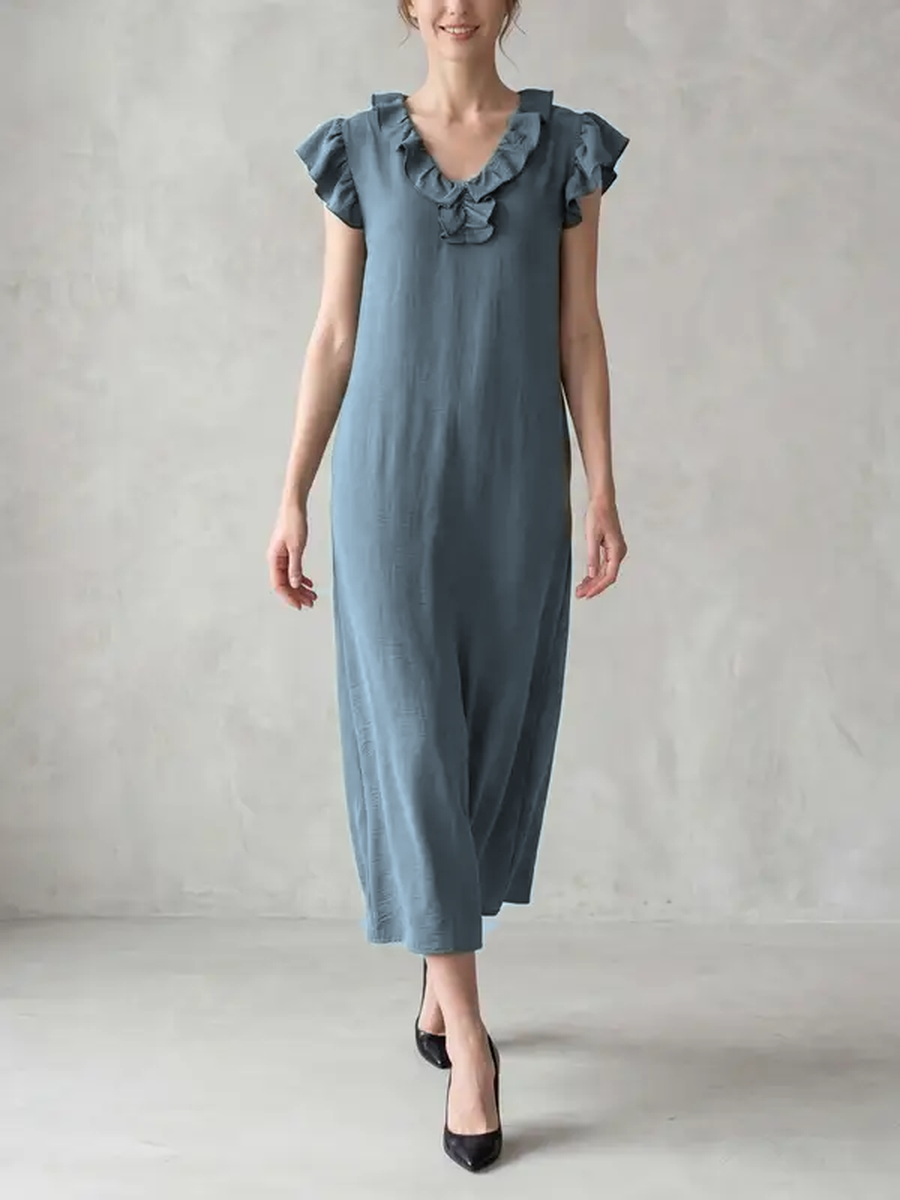 Loose Plus Size Pockets Ruffle Trim Solid Color V-Neck Maxi Dresses