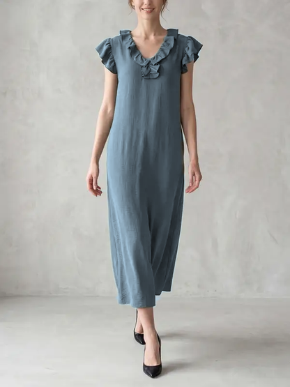 Loose Plus Size Pockets Ruffle Trim Solid Color V-Neck Maxi Dresses