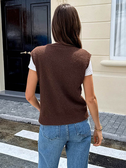 Loose Sleeveless Buttoned Contrast Color Split-Joint Round-Neck Outerwear Vest Top