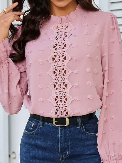 Flared Sleeves Long Sleeves Elasticity Hollow Jacquard Ruffled Solid Color Split-Joint Stand Collar T-Shirts Tops