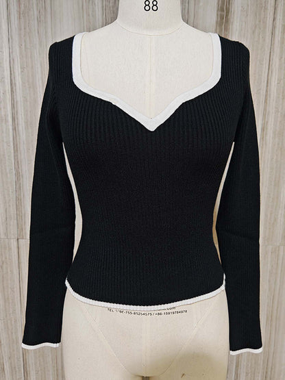 Long Sleeves Skinny Pleated Split-Joint V-Neck Sweater Tops