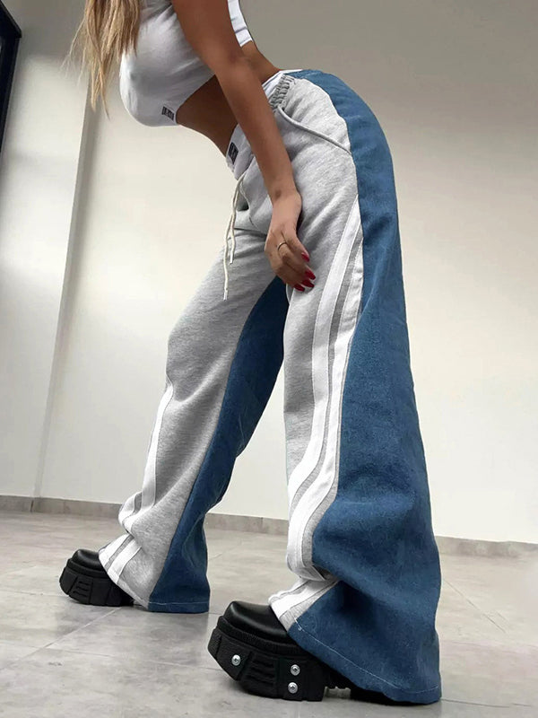 High Waisted Loose Drawstring Elasticity Pockets Denim Split-Joint Pants Trousers