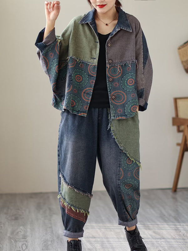 Contrast Color Fringed Split-Joint Long Sleeves Printed Outwear + Harem Pants  Two Pieces Set