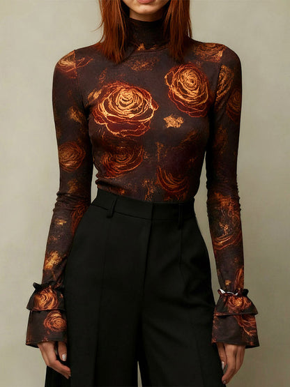 Flared Sleeves Long Sleeves Flower Print High Neck Blouses&Shirts Tops