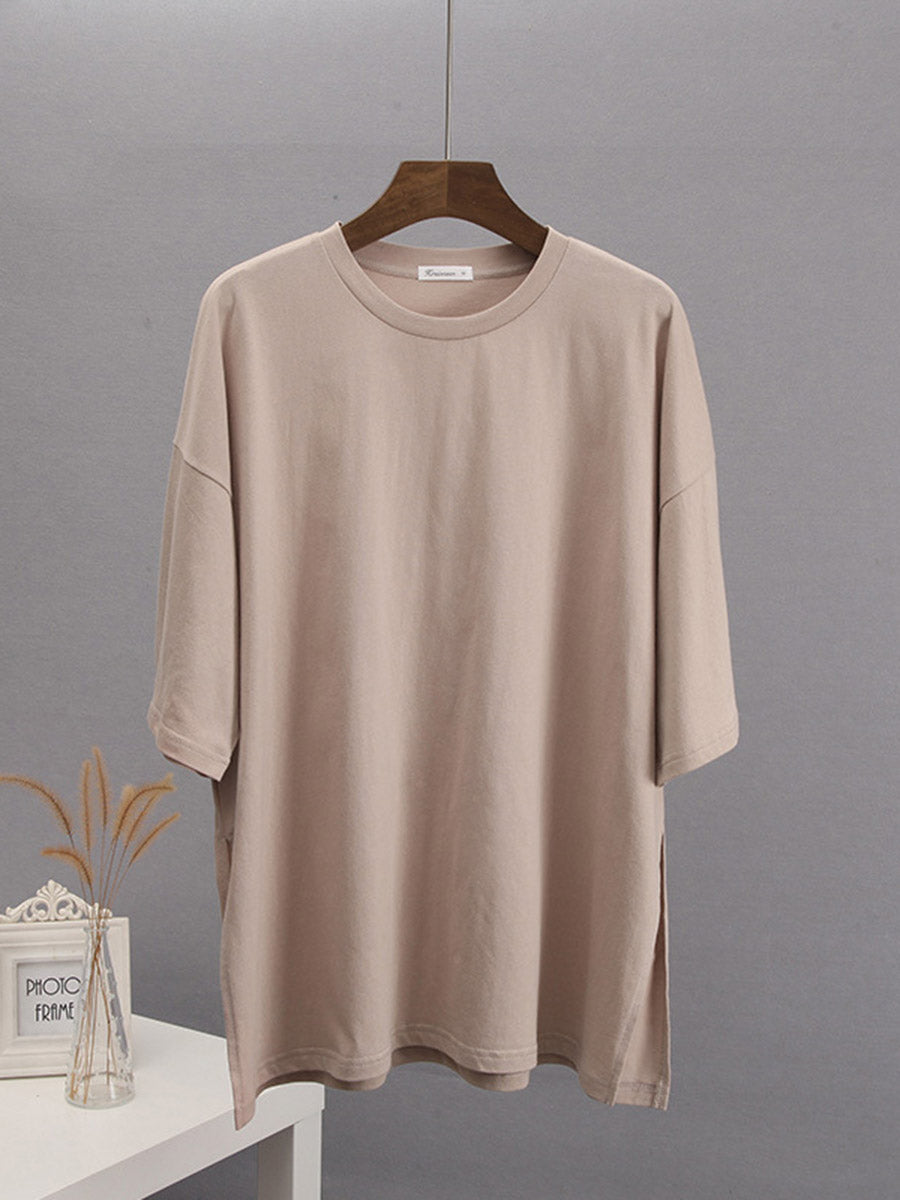 Loose Short Sleeves Solid Color Split-Side Round-Neck T-Shirts Tops