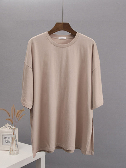 Loose Short Sleeves Solid Color Split-Side Round-Neck T-Shirts Tops