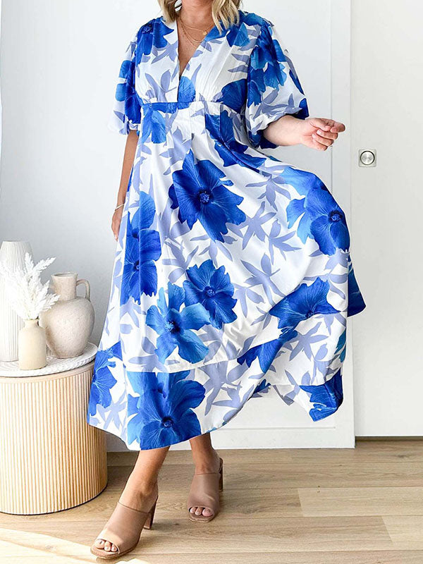 A-line High Waisted Flower Print Pleated Split-Joint Zipper V-neck Midi Dresses
