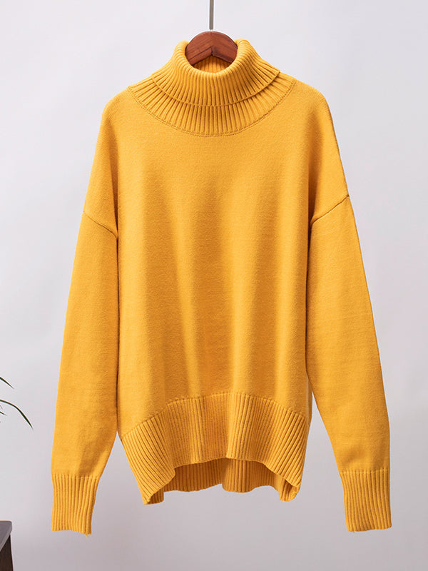 High-Low Long Sleeves Solid Color Split-Joint High Neck Sweater Tops