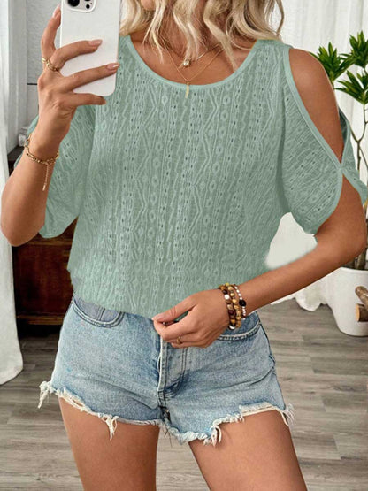 Loose Short Sleeves Solid Color Split-Joint Textured Cold Shoulder Blouses&Shirts Tops