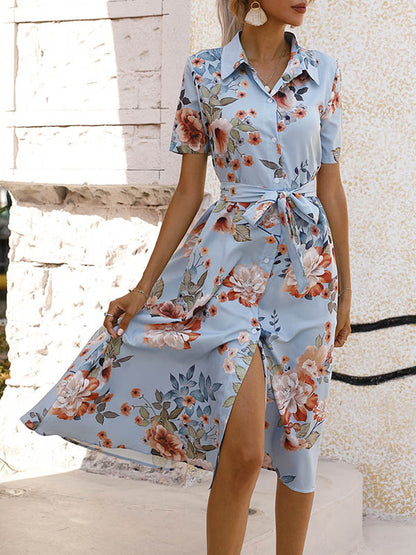 A-Line Loose Buttoned Flower Print Tied Waist Lapel Midi Dresses