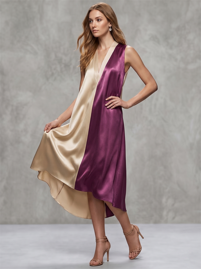 A-Line Loose Contrast Color V-Neck Midi Dresses