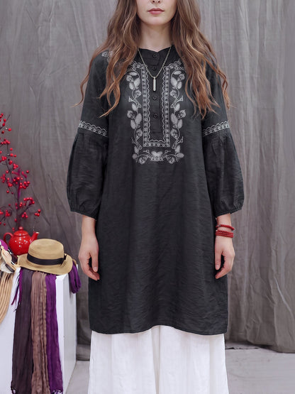 Printed Contrast Color Buttoned Three-quarter Sleeves Plus Size Round-neck Blouses&shirts Tops