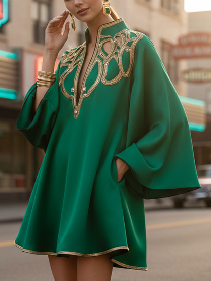 A-Line Long Sleeves Contrast Color Printed Split-Joint Stand Collar Mini Dresses