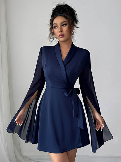 A-Line Elasticated Waist Interlace See-Through Solid Color Split-Joint Split-Side Tied Waist V-Neck Mini Dresses